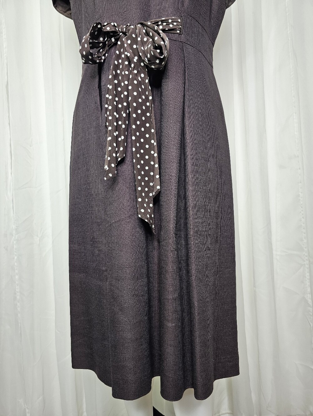 Talbots Chocolate Brown Silk Blend Sheath Midi Dress with Polka Dot Bow Sash 12 - Picture 4 of 11